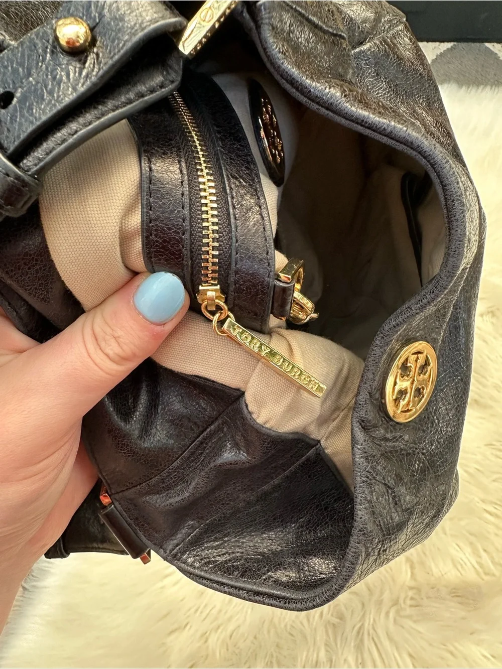 Tory Burch Black Leather Shoulder Hobo with Gold Logo